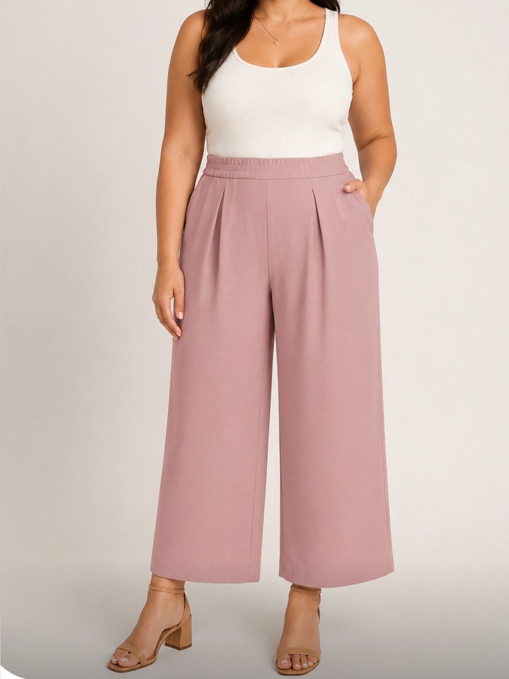 XL Wide Leg Pleated Crop Pants - Dusty Rose/Mauve Color Elastic Waist So Comfy!